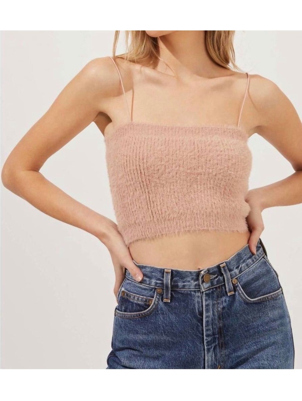 ASTR The Label Pink Clay Fuzzy Knit Spaghetti Strap Crop Top XS Fall Layering